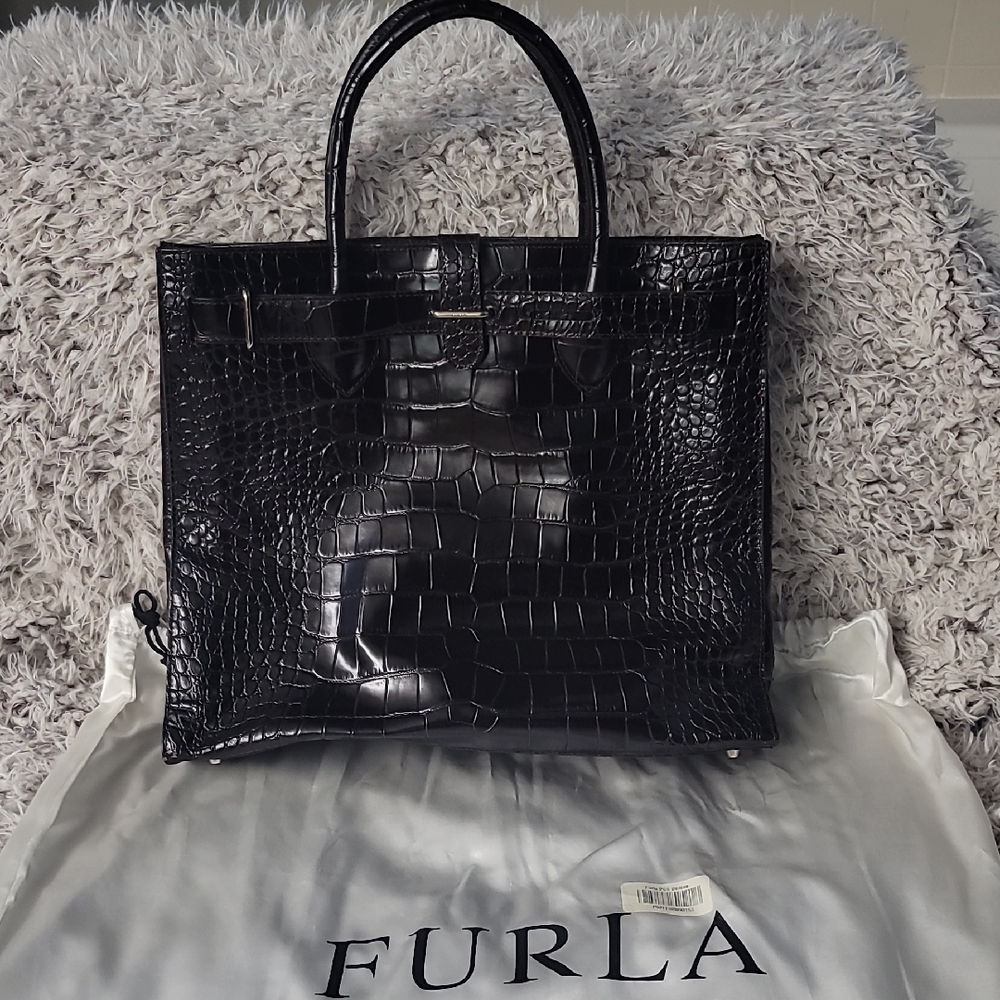 Furla Vintage Dark Brown Croc Embossed Bag
